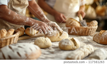 Bakers Shaping Loaves of Bread in a Bakery 117381263