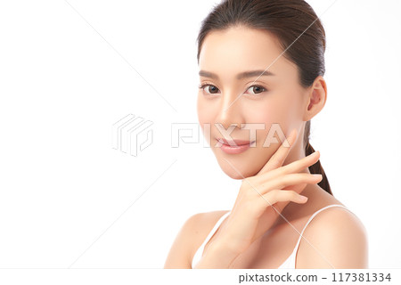 Beautiful young asian woman with clean fresh skin on white background, Face care, Facial treatment, Cosmetology, beauty and spa, Asian women portrait. 117381334