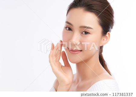 Beautiful young asian woman with clean fresh skin on white background, Face care, Facial treatment, Cosmetology, beauty and spa, Asian women portrait. 117381337