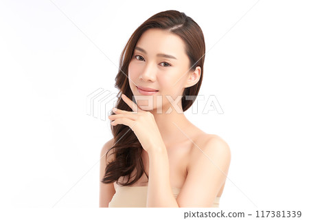 Beautiful young asian woman with clean fresh skin on white background, Face care, Facial treatment, Cosmetology, beauty and spa, Asian women portrait. 117381339