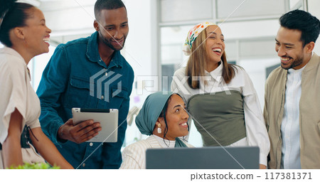Laptop, teamwork and business people in office for online report, website review and email marketing. Diversity, collaboration and men and women on computer for project ideas, meeting and planning 117381371