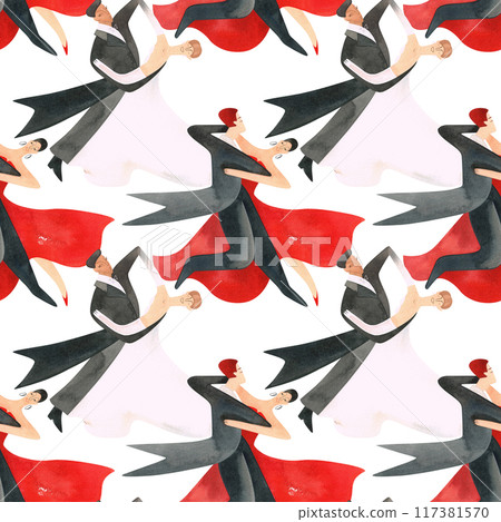 Ballroom dancing, standard. Adult couples on the parquet. Isolated watercolor illustration. Seamless pattern. White background Ballroom dancing, standard. Adult couples on the parquet. Isolated watercolor illustration. Seamless pattern. White background 117381570