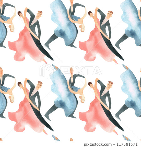 Ballroom dancing, standard. Adult couples on the parquet. Isolated watercolor illustration. Seamless pattern. White background Ballroom dancing, standard. Adult couples on the parquet. Isolated watercolor illustration. Seamless pattern. White background 117381571