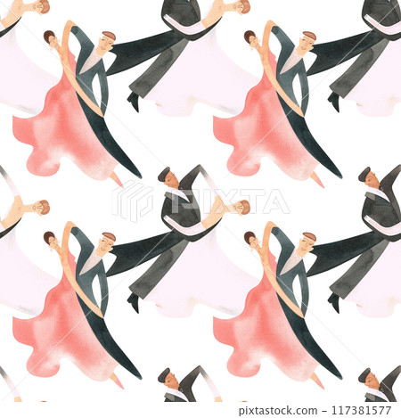 Ballroom dancing, standard. Adult couples on the parquet. Isolated watercolor illustration. Seamless pattern. White background 117381577