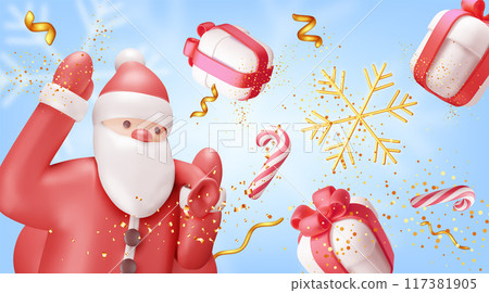 3D santa claus with gift bag and snowflake 3D santa claus with gift bag and snowflake 117381905