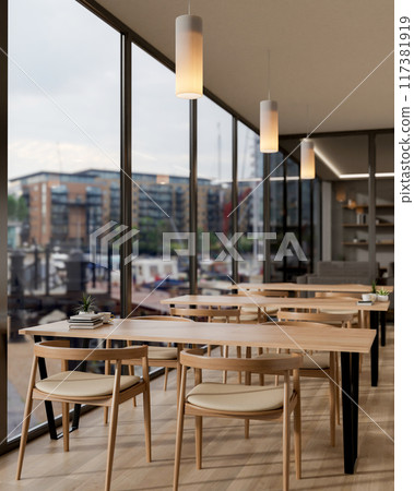 A contemporary restaurant or coffee shop features wooden tables by the window with a city view. 117381919
