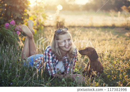 dachshund playing with his owner in a sunny summer park 117381996