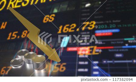 The Arrow down and coins for Business concept 3d rendering. The Arrow down and coins for Business concept 3d rendering. 117382094