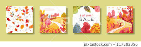 Set with landscapes. Indian summer. Hand drawn. Sun over the river. Fields on the hills. Seamless pattern for textiles and paper. Print on invitations, postcards or posters. Sale flyer. Vector 117382356