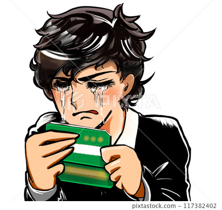 A manga-style boy despairs at his small bank balance 117382402