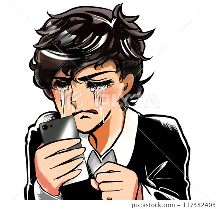 A cartoon-style illustration of a boy crying loudly with a smartphone in his hand 117382403