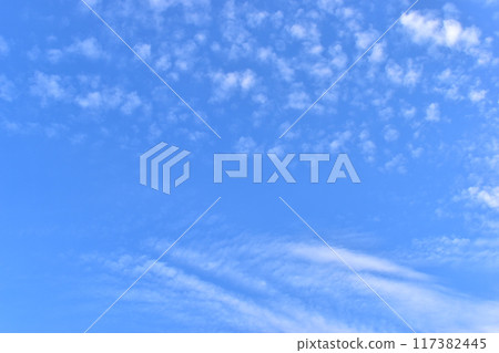 beautiful blue sky and white fluffy group of clouds in the morning, natural background 117382445