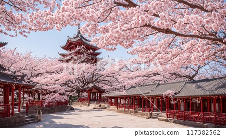 日本城堡和寺廟的櫻花盛開 117382562