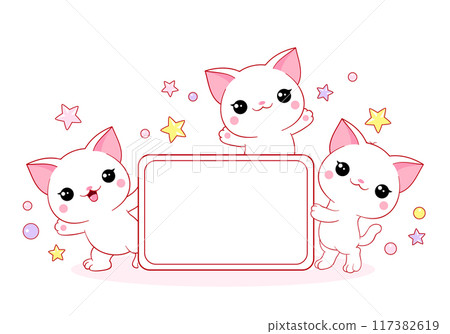 Cute card in kawaii style. Three lovely cat with message tablet. Copy space for text. Can be used for t-shirt print, stickers, greeting card design. Vector illustration EPS8 Cute card in kawaii style. Three lovely cat with message tablet. Copy space for text. Can be used for t-shirt print, stickers, greeting card design. Vector illustration EPS8 117382619