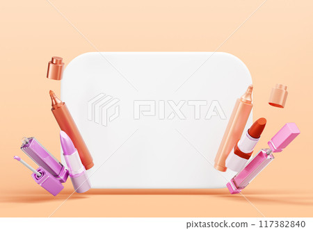 3d blank card with makeup products for advertising on beige background. White paper banner frame with flying cosmetic beauty tubes, red lipstick, pink lip gloss, promo poster mockup. 3D illustration 117382840
