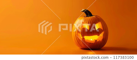 Glowing Jack-o'-Lantern on Orange Background 117383100