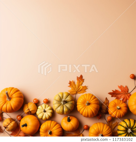 Pumpkin and Leaves Border on Orange Background 117383102