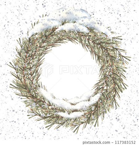 Snowy winter branch wreath. Watercolor Christmas fir tree, spruce twig, festive nature card template, frame. It is snowing. Hand drawn illustration. Clipart on isolated background for Xmas or New Year Snowy winter branch wreath. Watercolor Christmas fir tree, spruce twig, festive nature card template, frame. It is snowing. Hand drawn illustration. Clipart on isolated background for Xmas or New Year 117383152