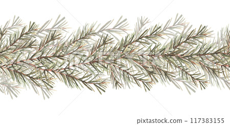 Pine or fir tree branches seamless border, pattern. Spruce evergreen with needles. Winter forest watercolor Christmas , New year hand drawn illustration for fabric, wrapping. Isolated from background Pine or fir tree branches seamless border, pattern. Spruce evergreen with needles. Winter forest watercolor Christmas , New year hand drawn illustration for fabric, wrapping. Isolated from background 117383155