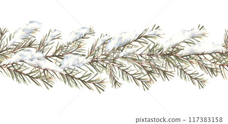 Snow on branch with needles seamless border. Winter Spruce, pine trees evergreen snowy branch. Watercolor hand drawn illustration. Christmas, New year festive pattern Clip art on isolated background Snow on branch with needles seamless border. Winter Spruce, pine trees evergreen snowy branch. Watercolor hand drawn illustration. Christmas, New year festive pattern Clip art on isolated background 117383158