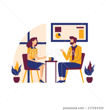 Flat Design Illustration of Man and Woman Sitting While Discussing Talking at Office 117383320