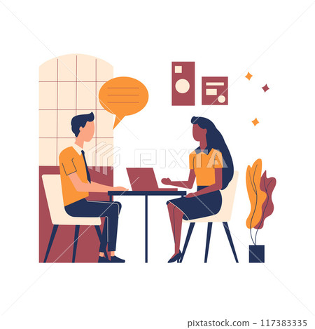 Flat Design Illustration of Man and Woman Sitting While Discussing Talking at Office Flat Design Illustration of Man and Woman Sitting While Discussing Talking at Office 117383335