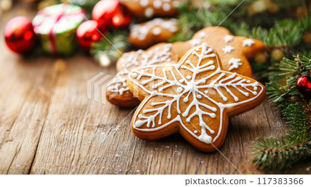 Christmas gingerbread cookies on wooden table background 117383366