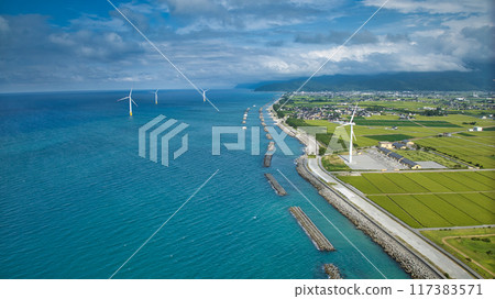 Nyuzen Town, Toyama Prefecture - Scenery of the Shimoniikawa coastline, including offshore wind turbines Nyuzen Town, Toyama Prefecture - Scenery of the Shimoniikawa coastline, including offshore wind turbines 117383571