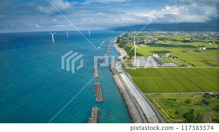 Nyuzen Town, Toyama Prefecture - Scenery of the Shimoniikawa coastline, including offshore wind turbines 117383574