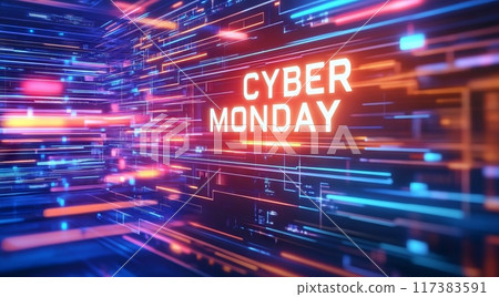 Bright digital background featuring the text Cyber Monday, representing online shopping 117383591