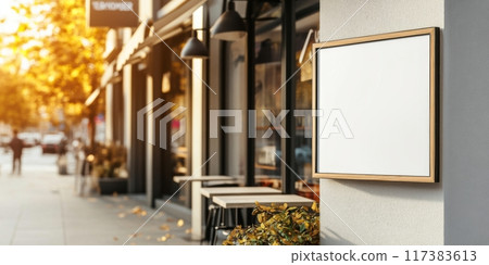 Blank sign for street logo presentation on a sunny street outside a cafe 117383613