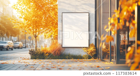 A quiet street corner with an empty billboard mock up for exterior advertisement surrounded by vibrant autumn foliage 117383614