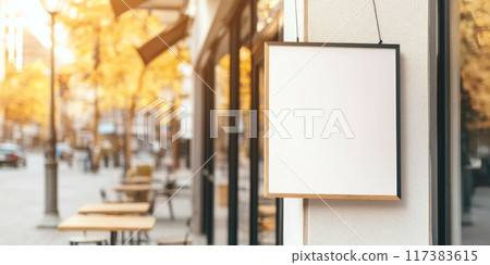 Blank outdoor sign for street logo presentation hanging outside a cafe on a sunny day with autumn leaves 117383615