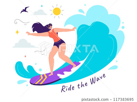 Summer Surfing Vector Illustration of Water Sports Activities, Featuring Surfboards Riding Ocean Waves or Floating in a Flat Style Cartoon Background Summer Surfing Vector Illustration of Water Sports Activities, Featuring Surfboards Riding Ocean Waves or Floating in a Flat Style Cartoon Background 117383695