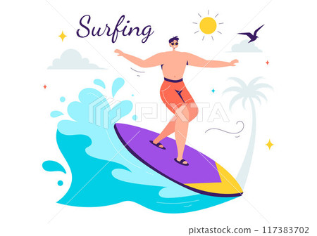 Summer Surfing Vector Illustration of Water Sports Activities, Featuring Surfboards Riding Ocean Waves or Floating in a Flat Style Cartoon Background 117383702