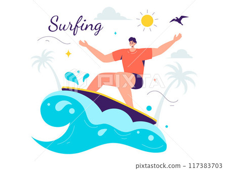 Summer Surfing Vector Illustration of Water Sports Activities, Featuring Surfboards Riding Ocean Waves or Floating in a Flat Style Cartoon Background 117383703