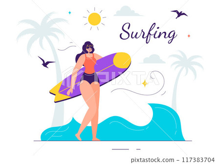 Summer Surfing Vector Illustration of Water Sports Activities, Featuring Surfboards Riding Ocean Waves or Floating in a Flat Style Cartoon Background 117383704