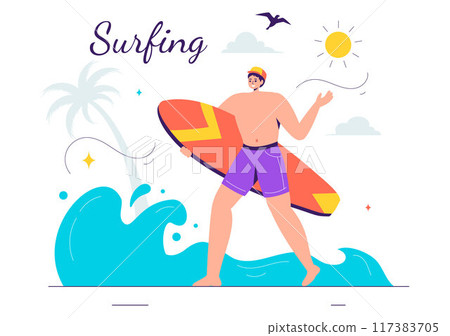 Summer Surfing Vector Illustration of Water Sports Activities, Featuring Surfboards Riding Ocean Waves or Floating in a Flat Style Cartoon Background 117383705