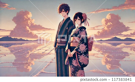 Rural sunset: A couple standing together (generated by AI) 117383841