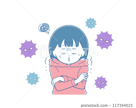 Girl with chills (blue) has been infected by a virus Girl with chills (blue) has been infected by a virus 117384025