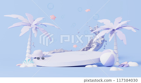 3D render, Minimal summer concept with beach element, tree, sunglasses and ball on purple background, empty podium for product advertise. 3D render, Minimal summer concept with beach element, tree, sunglasses and ball on purple background, empty podium for product advertise. 117384030