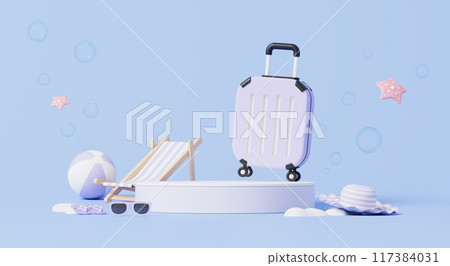 3D render, minimal pastel summer concept with podium for mock up and cute luggage, beach chair and ball in purple theme background. 117384031