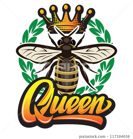 Vector pattern with flying bee, crown and calligraphic inscription - queen Vector pattern with flying bee, crown and calligraphic inscription - queen 117384036