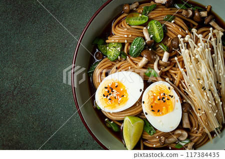 soba, buckwheat noodles, with enoki mushrooms, shimeji and boiled egg, top view, homemade, no people, soba, buckwheat noodles, with enoki mushrooms, shimeji and boiled egg, top view, homemade, no people, 117384435