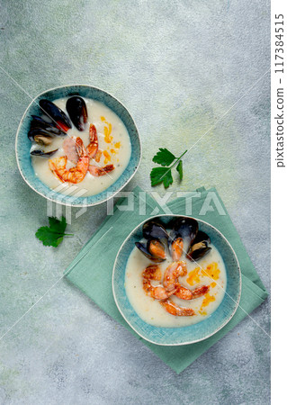 cream soup, chowder with mussels and shrimp, American cuisine, homemade, no people, cream soup, chowder with mussels and shrimp, American cuisine, homemade, no people, 117384515