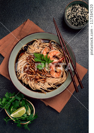 soba, buckwheat noodles, with shimeji mushrooms and tiger shrimps, homemade, no people, soba, buckwheat noodles, with shimeji mushrooms and tiger shrimps, homemade, no people, 117384520