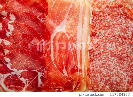 Assortment , sliced meat appetizer, prosciutto, salami and ham, with olives, breakfast, top view, close-up, no people, 117384533