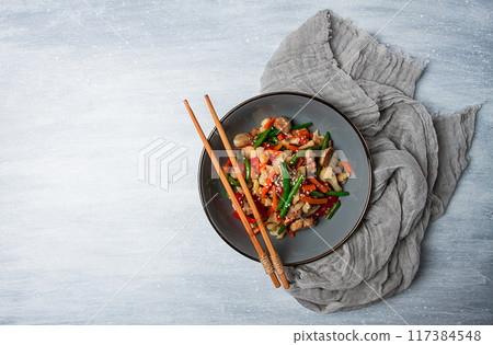 Wok, Asian-style vegetables, street food, mixed vegetables, no people, top view, Wok, Asian-style vegetables, street food, mixed vegetables, no people, top view, 117384548