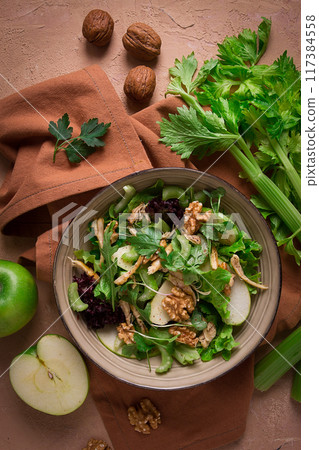Fresh, Waldorf salad, celery stalk with chicken, apple and walnut, grapes, herbs, homemade, no people, Fresh, Waldorf salad, celery stalk with chicken, apple and walnut, grapes, herbs, homemade, no people, 117384558