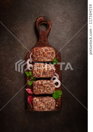 raw apkhazura, a dish of Georgian cuisine, meat balls, minced meat wrapped in a fat net, seftalia, homemade, no people, 117384559